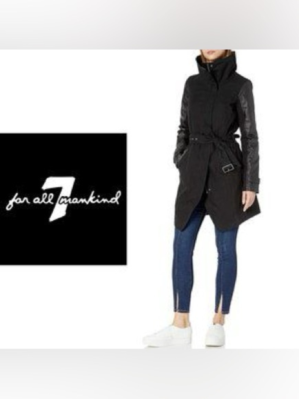 7 For All Mankind Black Trench Coat with Faux-Leather Sleeves (XS)